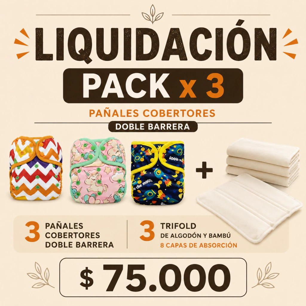 Pack x 3 Cobertores Doble Barrera + 3 trifold de bambú 8 capas de absorción